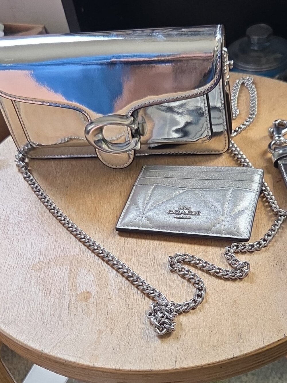 Coach metallic silver tabby chain strap crossbody bag and Coach card case